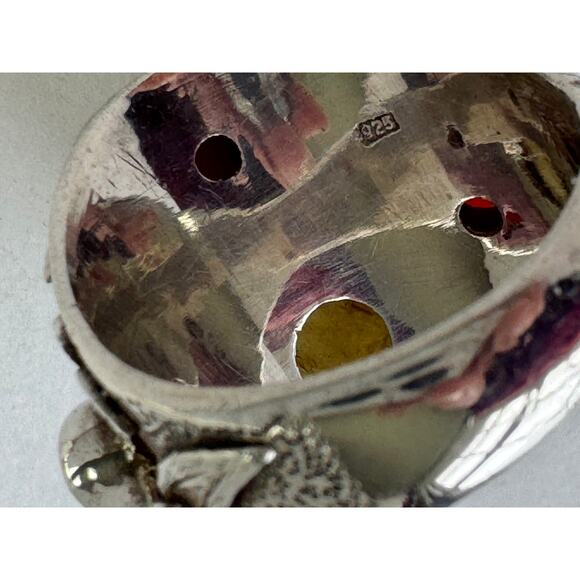 Red Coral Chatoyant Honey Yellow Calcite Hand Carved Sterling 925 Silver Ring - Picture 6 of 7